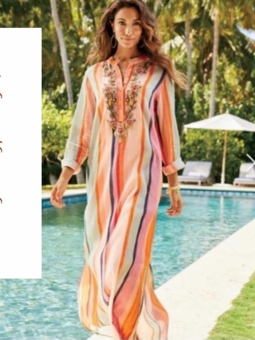 Soft Surroundings Caftan Aruba Maxi Dress Sheer Size S Embroidered Floral Beachy
